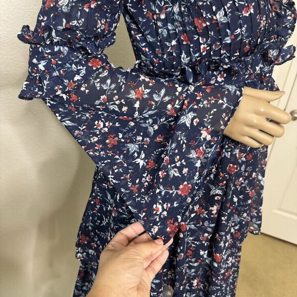 Walter Baker Dress Size 2 Blue Floral Print Diana Tiered Ruffle Layered Nautical - Picture 5 of 14